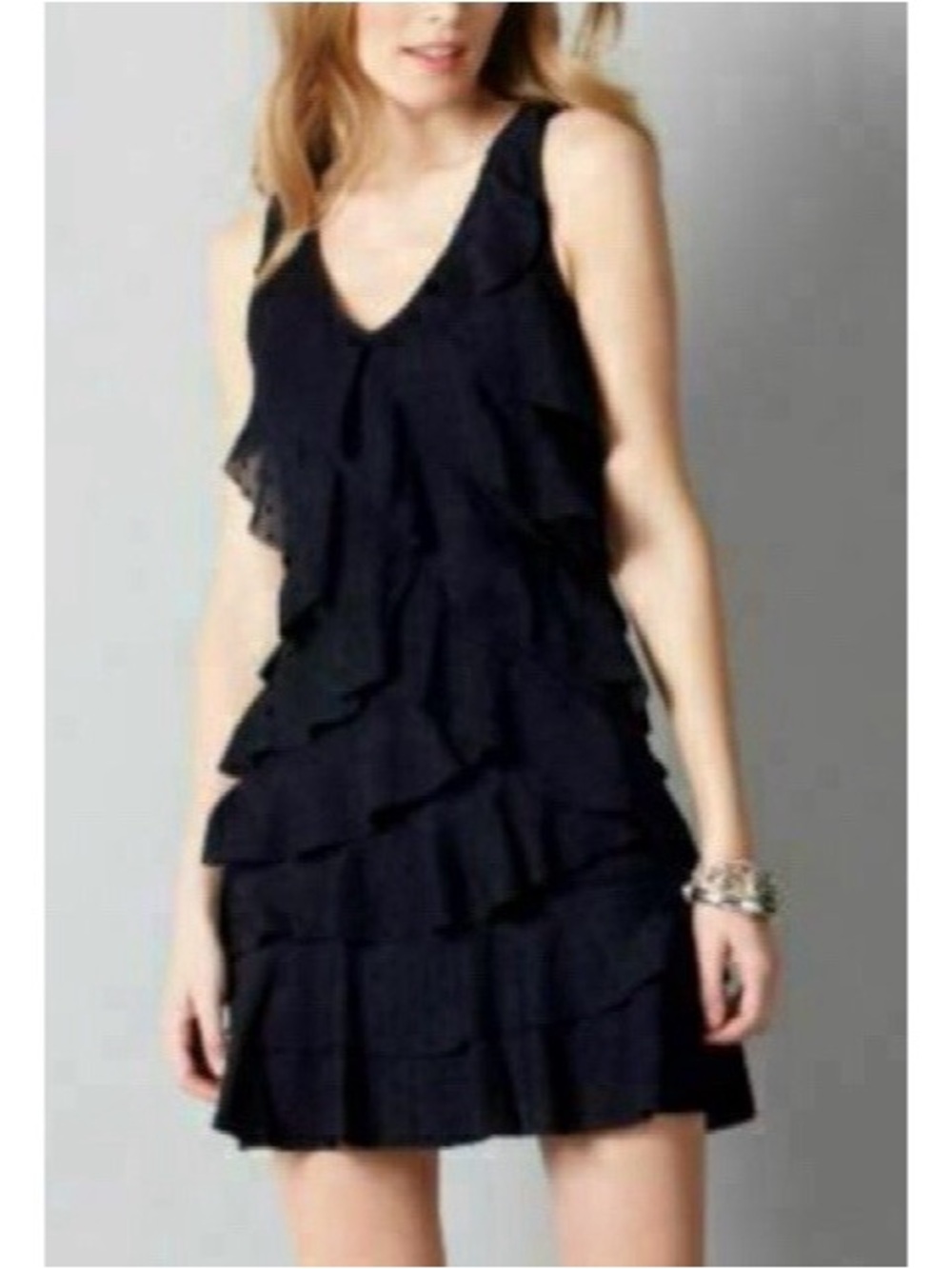 Ann Taylor LOFT Sleeveless Tiered Ruffle Dress Size 6 Petite Navy Blue V-Neck